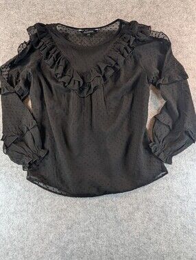 Black Ruffle Blouse Walter Baker Women's Small Semi Sheer Tiered Ruffle Sleeve